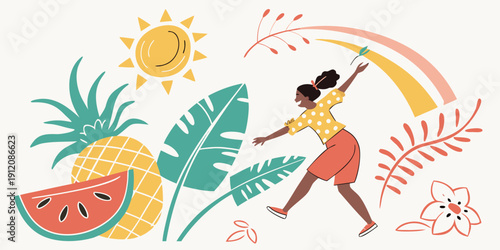 A vibrant illustration of a person enjoying a sunny day with tropical fruits and plants
