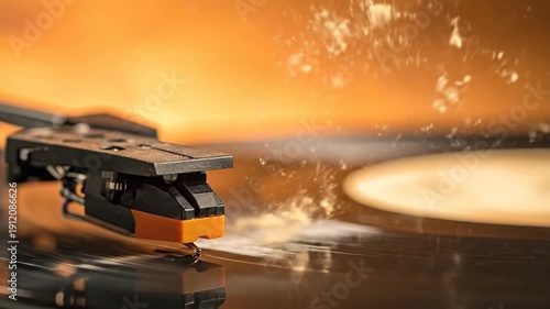 Close-up of Turntable Spinning at Sunset with Vibrant Sky.