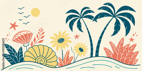 Vibrant tropical beach scene with palm trees and colorful marine life