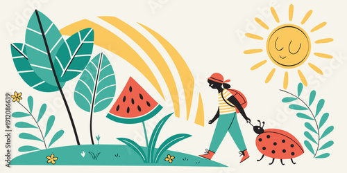 A vibrant summer scene with a person watering a garden full of watermelons and plants