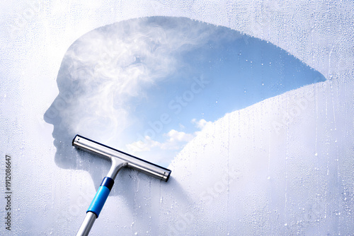 Squeegee Wiping Foggy Window in Shape of Human Head, Clear Mind Concept Background
