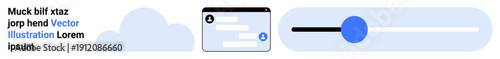 Cloud technology, UI design, digital settings, app integration, data management, interface optimization. Cloud icon, interface panel and slider. Cloud technology and UI design concept