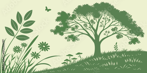 A serene landscape featuring a large tree and lush greenery on a hillside.