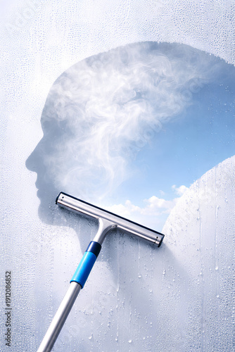 Squeegee Wiping Foggy Window in Shape of Human Head, Clear Mind Concept Background