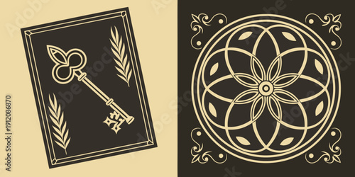 Intricate celtic knotwork and key design on a dark background
