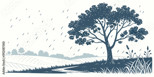 A serene landscape featuring a solitary tree standing tall on a grassy hill.