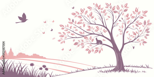 A serene autumn landscape with a lone tree and distant mountains under a clear sky