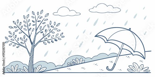 A serene landscape with a tree, umbrella, and raindrops under a cloudy sky.