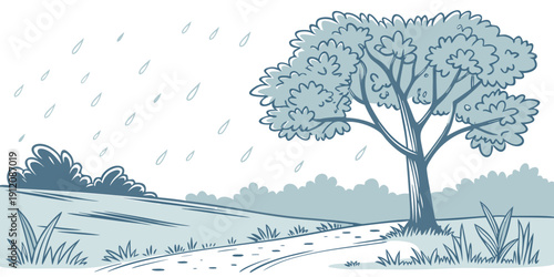 A serene landscape with a single tree standing tall amidst a field of grass.