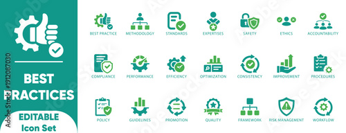 Best Practices editable solid icon set.expertise,improvement,performance,optimization,workflow,policy,quality,standard,and vector.
