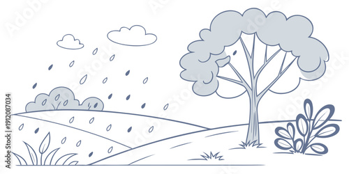 A serene landscape with a tree, grass, and a distant hill under a cloudy sky