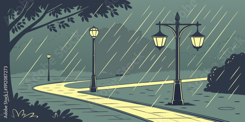 A serene nighttime street scene with rain and streetlights casting a warm glow.
