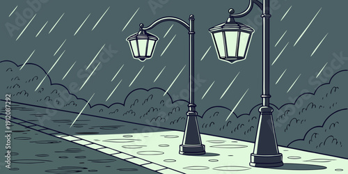 Three street lamps standing in the rain on a wet sidewalk.