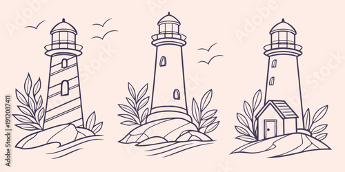 Three distinct lighthouses standing tall on rocky shores with waves crashing nearby.