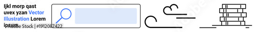 Data search, knowledge exploration, digital research, online learning, wind energy, academic resources. Minimalist design a search bar, breeze motion lines and books. Data search and knowledge