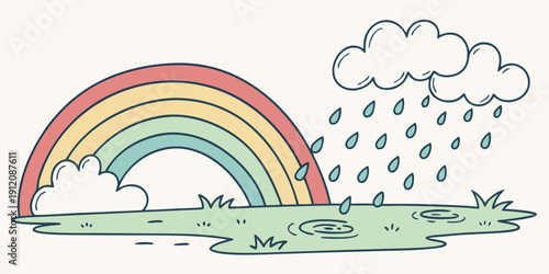 A vibrant rainbow arches over a lush green field with a flock of sheep and a cloudy sky.