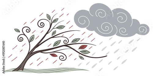 A serene tree standing tall amidst a gentle rain and a single cloud in the sky