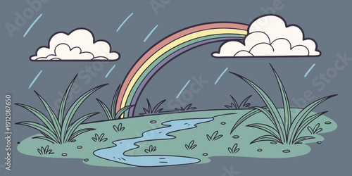 A vibrant rainbow arches over a lush green field during a gentle rain shower.