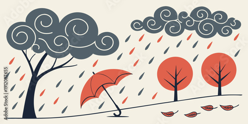 A person holding an umbrella walking through a rainy forest with dark clouds overhead.