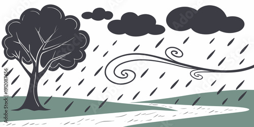 A solitary tree stands tall amidst a stormy landscape with dark clouds and heavy rain