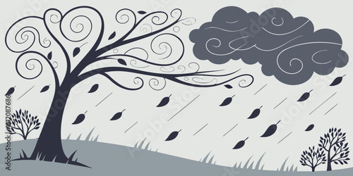 A solitary tree stands amidst a stormy landscape with rain and dark clouds.