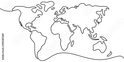 Continuous one line drawing of a world map with all continents on white background.