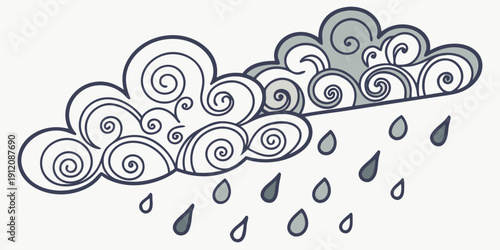 A whimsical illustration of a cloudy sky with raindrops and swirling cloud patterns.