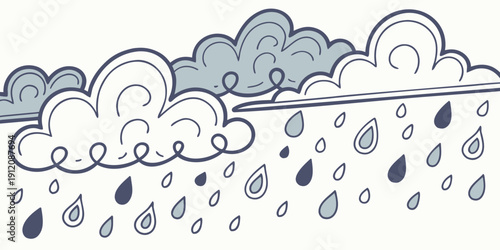 A whimsical illustration of a rainy day with clouds and raindrops