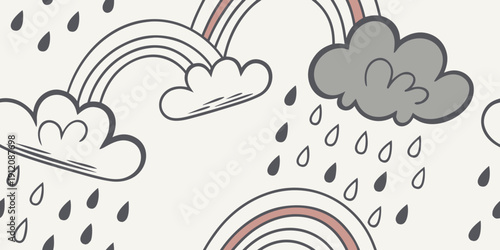 A whimsical illustration of a rainbow emerging from a stormy sky with clouds and rain
