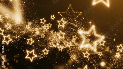 Golden sparkling stars and particles on dark abstract background