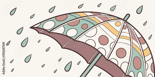 A vibrant umbrella with a colorful pattern standing in the rain