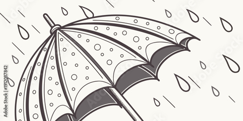 A black and white illustration of an umbrella with raindrops falling around it