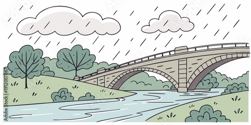 A picturesque bridge spanning over a serene river with lush greenery on both sides.