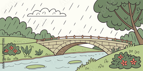 A serene landscape with a bridge over a calm river surrounded by lush greenery