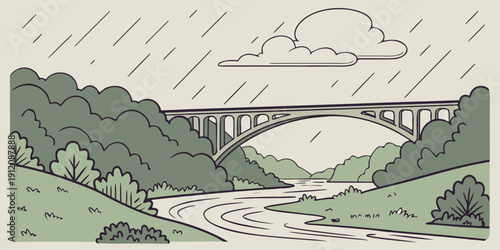 A picturesque bridge over a river amidst lush greenery and a cloudy sky.