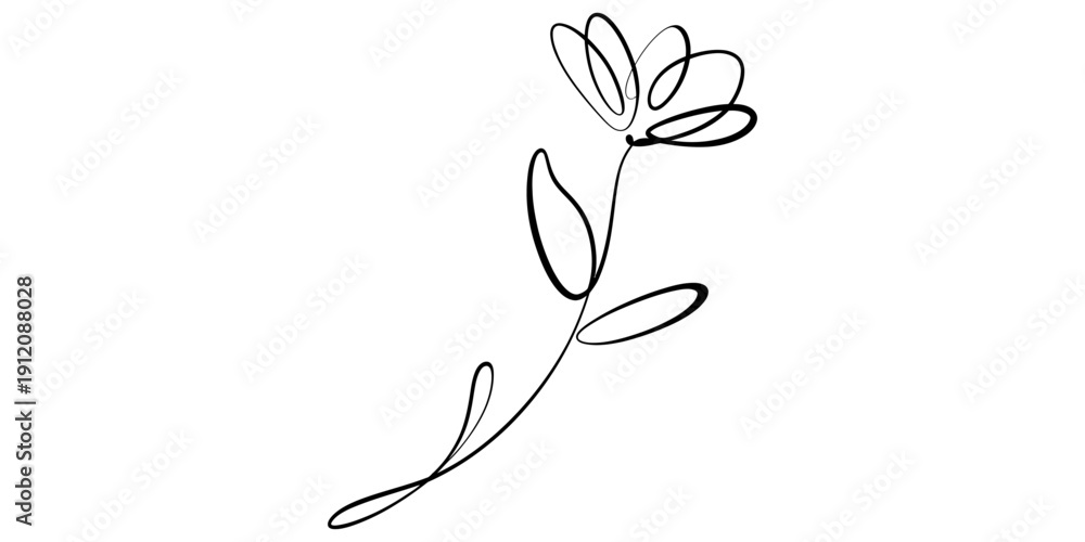 Fototapeta premium Simple black line drawing of a delicate flower with leaves on a plain white background.