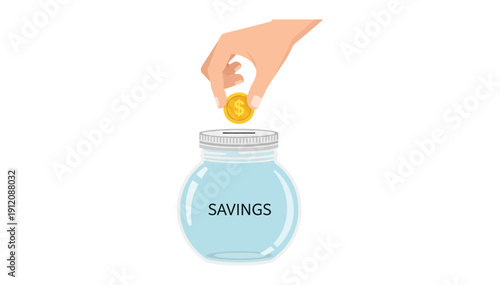 Hand dropping euro coin into a savings jar labeled savings on a white background illustration