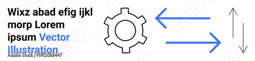 Gear with two blue horizontal arrows and black vertical arrows symbolizes process flow, automation, optimization, and data transfer. Ideal for workflow, industry, technology, engineering, agile