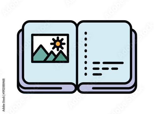 An open book or journal with a landscape photo icon on one page and bulleted notes on the other, representing travel memories and planning.