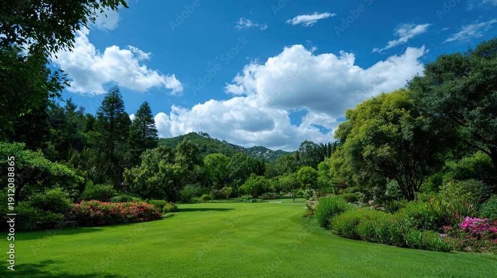 Fototapeta premium Lush Meadow Under Cloudy Sky: A serene and expansive meadow bathed in sunlight, framed by flourishing trees and a stunning, cloud-filled sky, creating a scene of perfect harmony