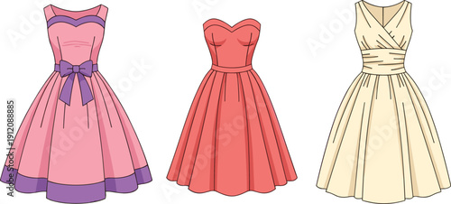Elegant women dress collection illustration, colorful sleeveless party gowns, fashion design vector set, evening wear, wedding outfit, modern female clothing
