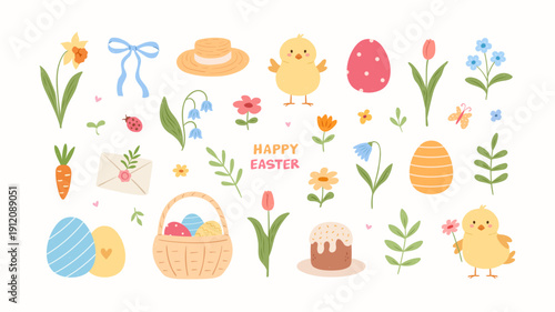 Cute Easter set with chickens, flowers, and eggs