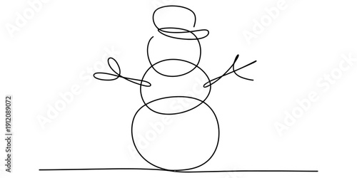 Minimalist black and white sketch of a happy snowman made of circles on a plain white surface.
