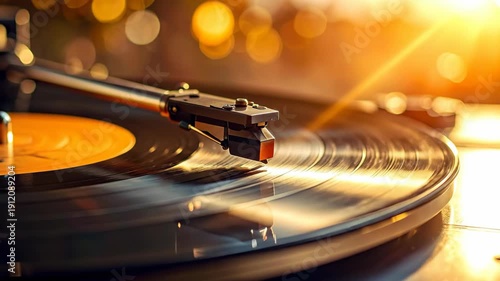 Close-up of Vintage Turntable Playing Vinyl Record at Sunset.