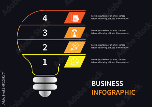 Design template business infographic with bulb line concept or idea symbol and 4 steps or section. Vector illustration can be used for data visualization, workflow layout, planning management