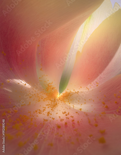 Beautiful dreamy abstract macro close up view inside large pink lily flower with gentle petals and orange pollen featuring soft natural light glowing with peaceful emotional feeling