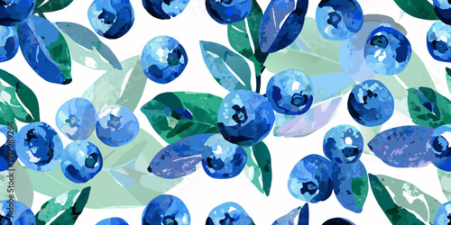 Watercolor blueberries and green leaves create a seamless repeating pattern