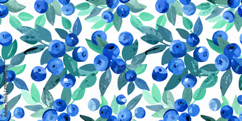 Watercolor painting of blueberries and green leaves on a white background