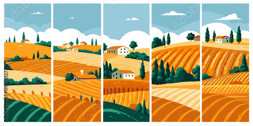 Stylized triptych landscape featuring rolling hills cypress trees and small houses
