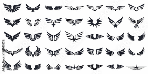 Collection of diverse black wing designs arranged on a white background